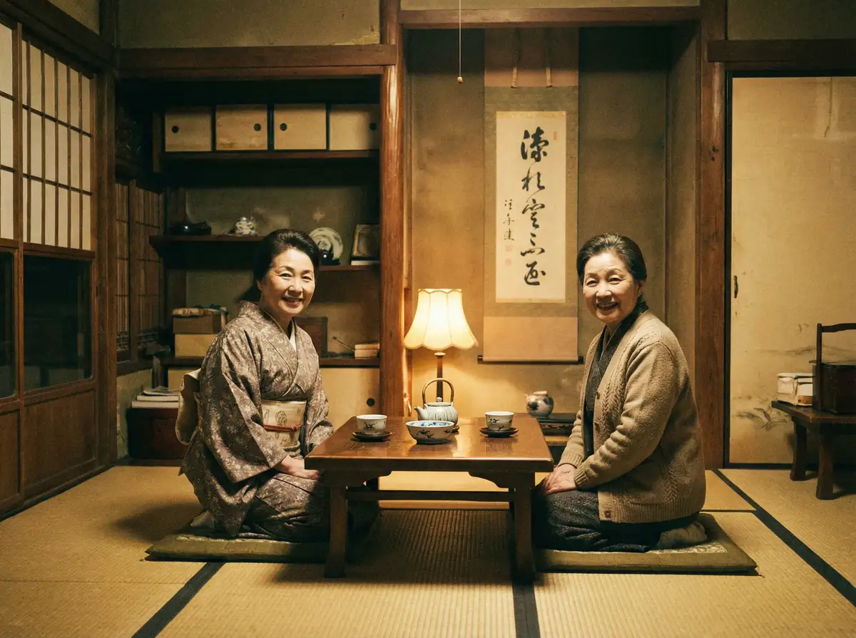 两位优雅的 集芳阁 在日式茶室中品茶交谈